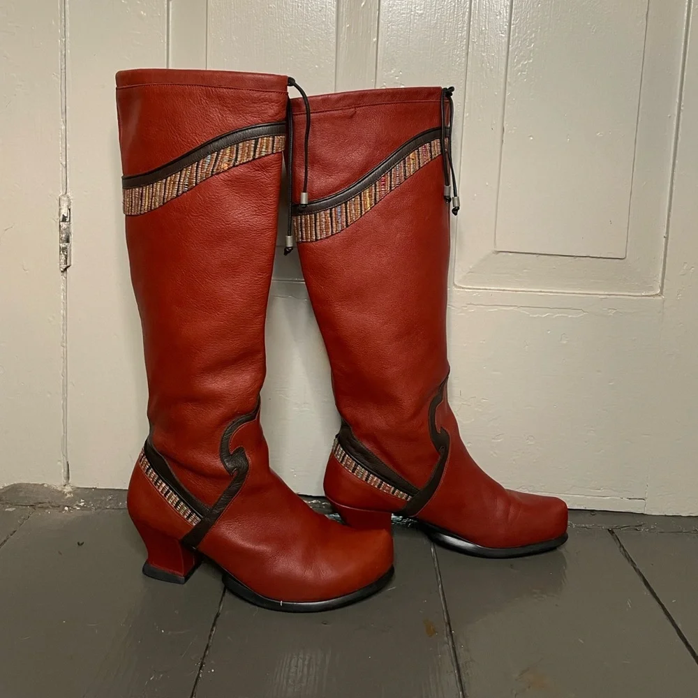 John Fluevog Red Heeled Boots with Striped Detail - Picture 5 of 5